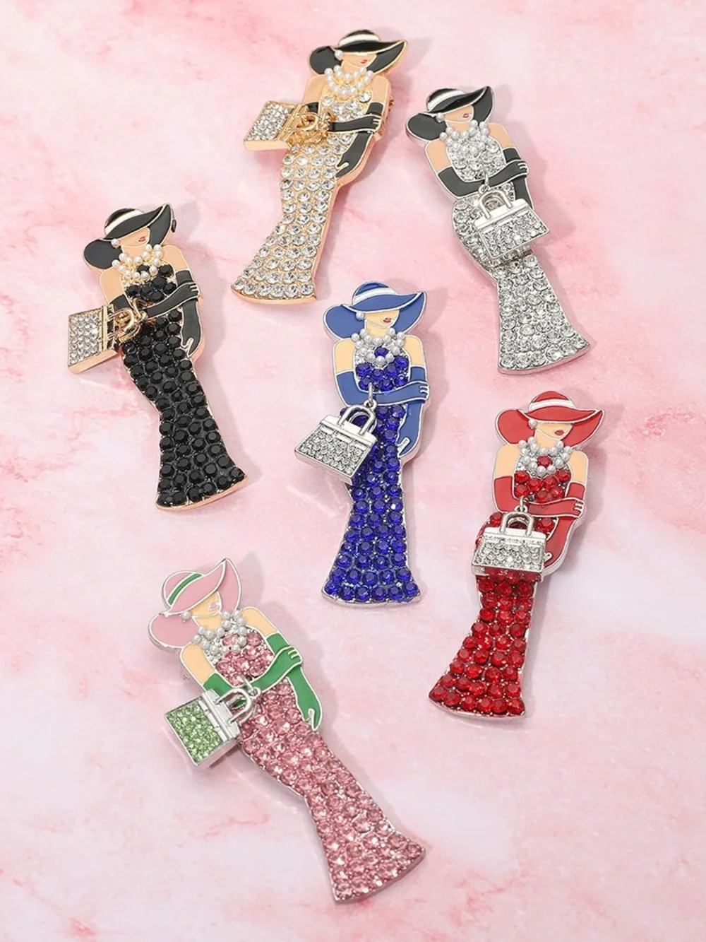 Chic Pink Green Rhinestone Pearls Lady Brooch Pin Elegant Glam Hat Handbag